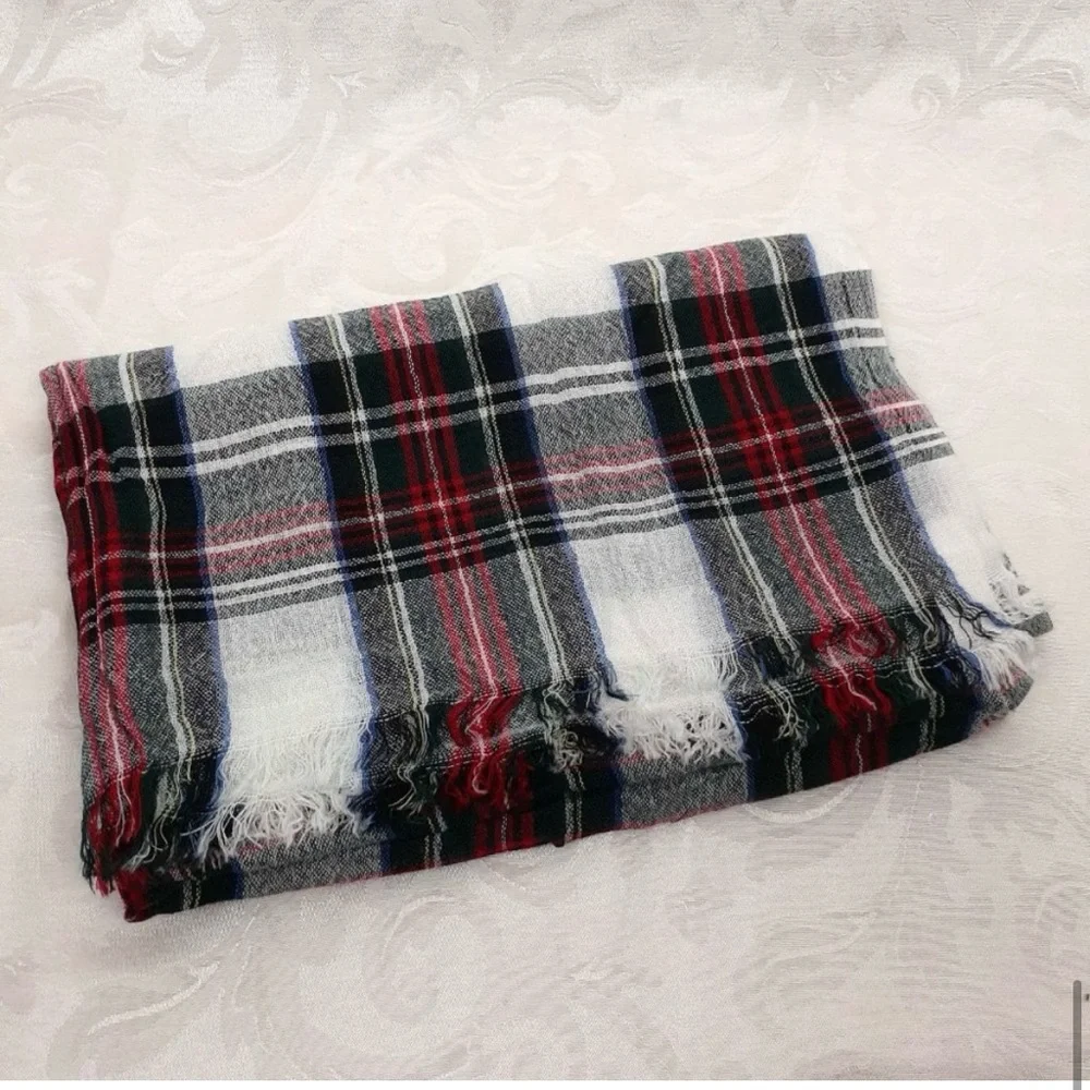 Naturally Knotty Red Black White & Blue Tartan Plaid Scarf Shawl Coverup